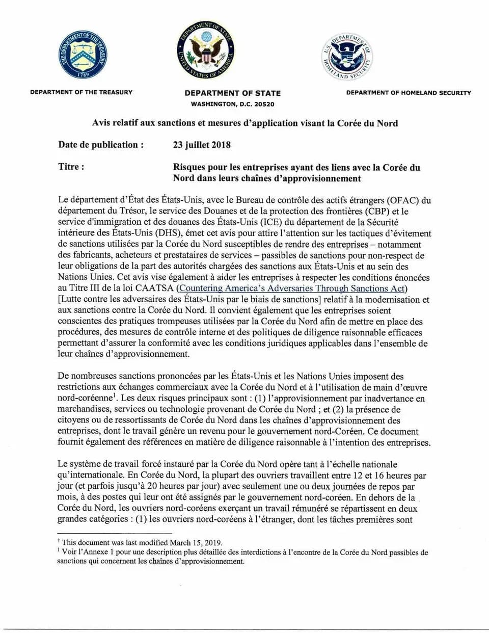 Wholesale distribution — Risks for Businesses with Supply Chain Links to North Korea (French)