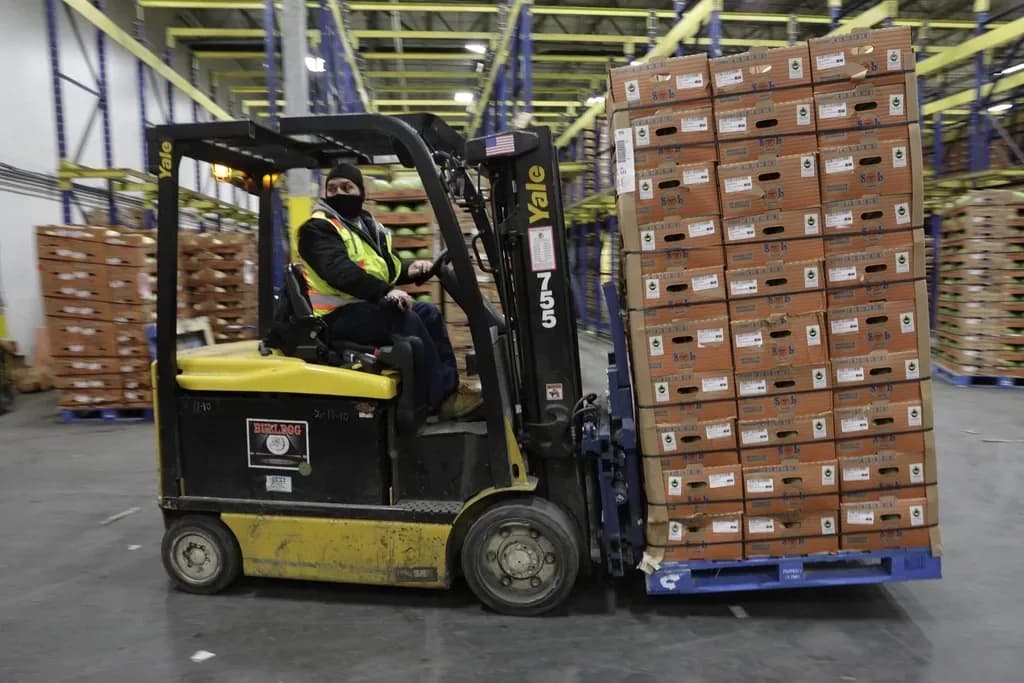 warehouse forklift pallets - forklift operator shuttles pallet loaded