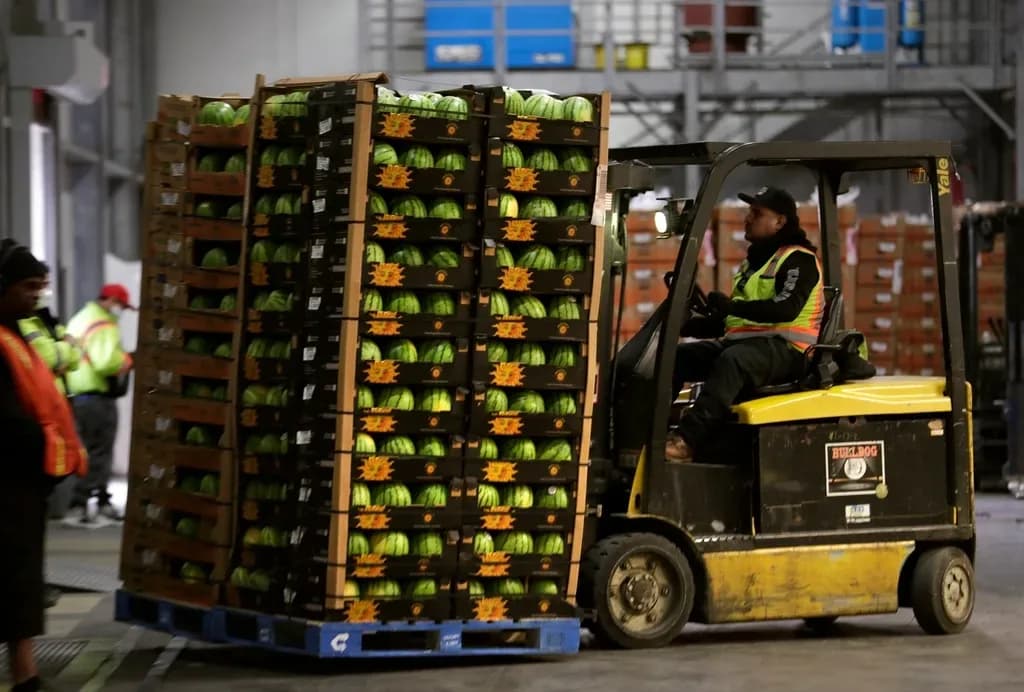 warehouse forklift pallets - forklift operator shuttles pallet loaded