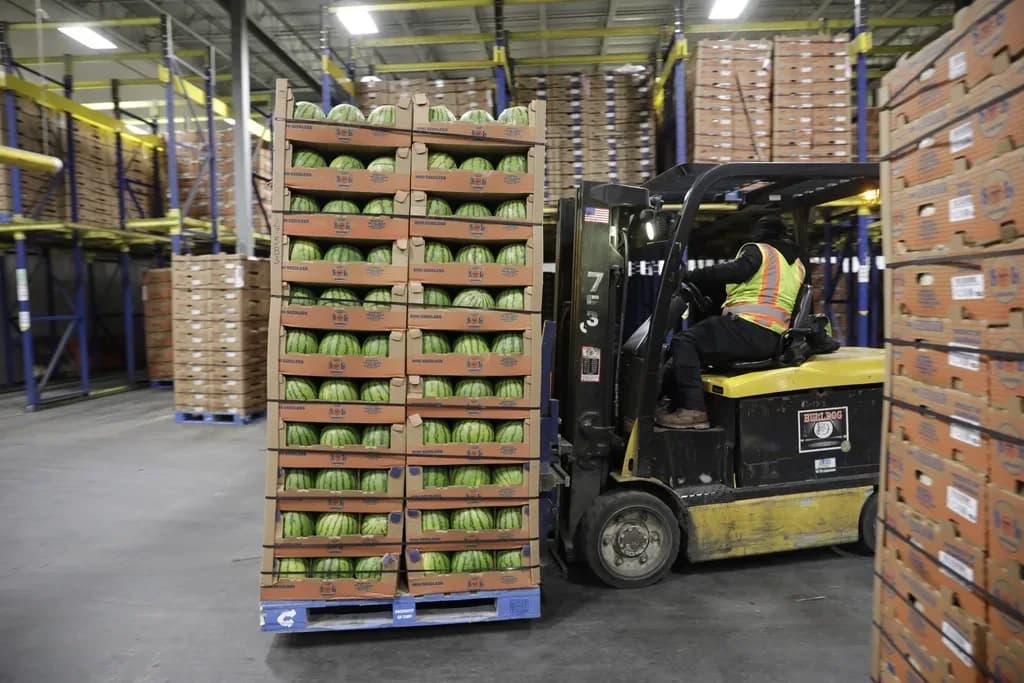 warehouse forklift pallets - forklift operator shuttles pallet loaded